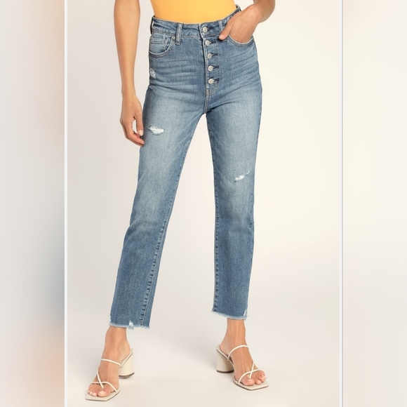 Ally Medium Wash Ultra High Rise Distressed Cropped Jeans size 9 - Picture 2 of 11